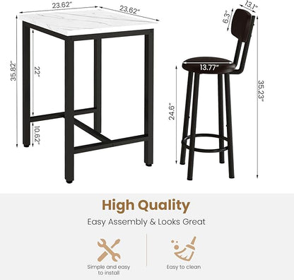 Dining Table Set, 23.6” Square Faux Marble Table with 2 PU Upholstered Backrest Chairs, 3-Piece Kitchen Dining Room Set for Small Spaces, Kitchen, Restaurant Furniture, White