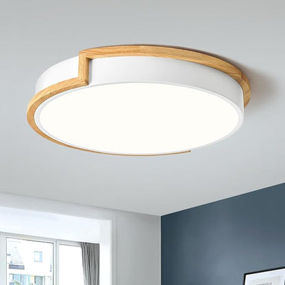 Dimmable LED Wood Flush Mount Ceiling Lights,Modern White 5CCT 2700K-6000K Lighting Fixtures,Round Ceiling Lamp for Kitchen Living Room Dining Room Bathroom Bedroom Entryway 15.8in
