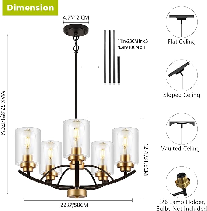 9MMML 5 Lights Glass Chandelier,Wrought Iron Pendant Light Fixtures, Gold+Black Finish Kitchen Island Lighting for Dining&Living Room Foyer Bar