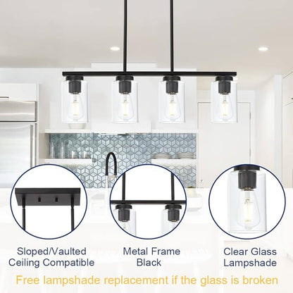 Black Pendant Light Fixtures with Clear Glass Shades, 4-Lights Linar Kitchen Island Light for Farmhouse Dining Room Kitchen Pool Table