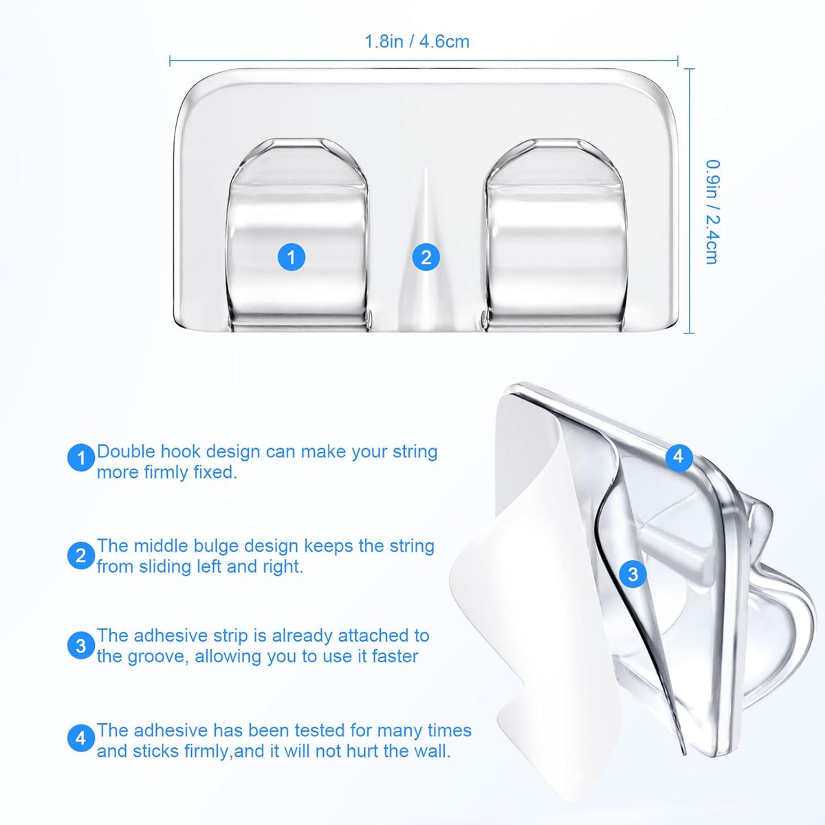 Hetyue Hooks for Outdoor String Lights Clips: 26Pcs Heavy Duty Light Hook with Waterproof Adhesive Strips - Outside Clear Cord Holders for Hanging Christmas Lighting - Outdoors Sticky Clip