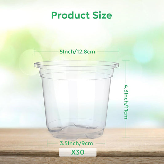 30 Packs 5 Inch Reinforced Clear Nursery Pots with Drainage Hole, Transparent Variety Pack Plastic Plant Pot Seedling Planter Seed Starter Flower