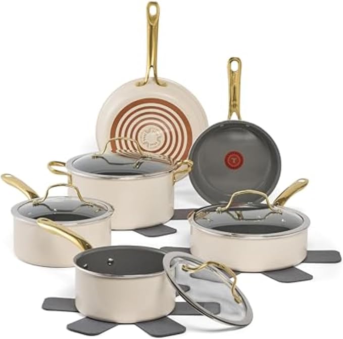 T-fal Preserve Ceramic, Non stick Cookware Set 13-Piece, Oven & Broiler Safe up to 350°F, Includes Stockpot, Saucepans, Frying Pans, Protectors, Pots and Pans, Beige