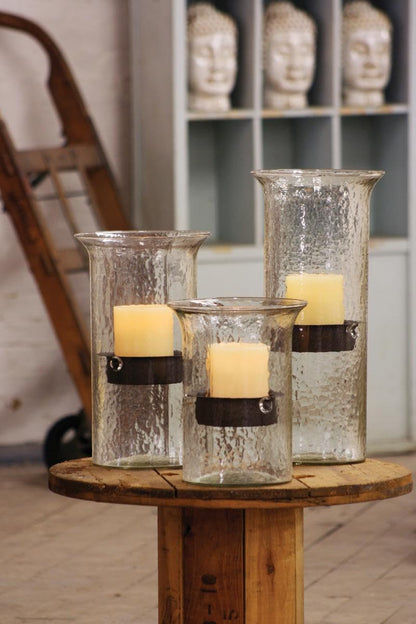 Glass Hurricane Pillar Candle Holder with Rustic Metal Insert, Perfect as a Centerpiece (Large)