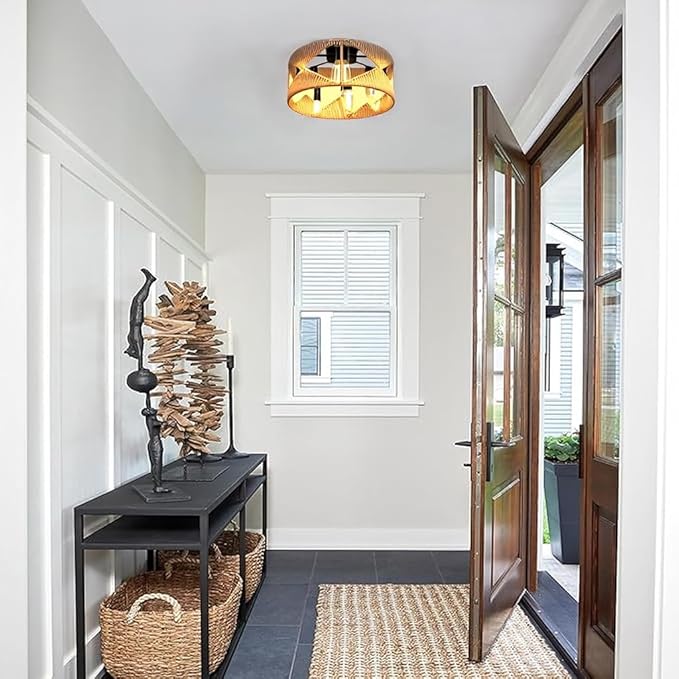 20 inch Boho Flush Mount Ceiling Light Fixture with 5-Light, Hand-Woven Rattan Chandelier with Integrated Metal Frame, Ceiling Light Hanging for Dining Room, Bedroom, Entryway, Living Room, Farmhouse