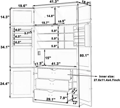 Merax Kitchen Pantry Storage Cabinet, Freestanding Buffet Cabinet with Microwave Stand & 2 Power Outlets,Kitchen Hutch with Door Shelves, Adjustable Shelves,Drawers and Wine Rack, Grey