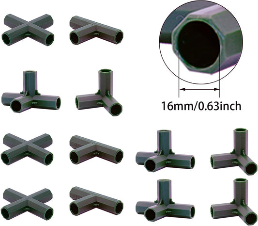 12PCS Fitting 16MM 4 Types Stable Support Heavy Duty Greenhouse Frame Building Connector Black Suitable for Grape Trellis Sunscreen Shed Gardening