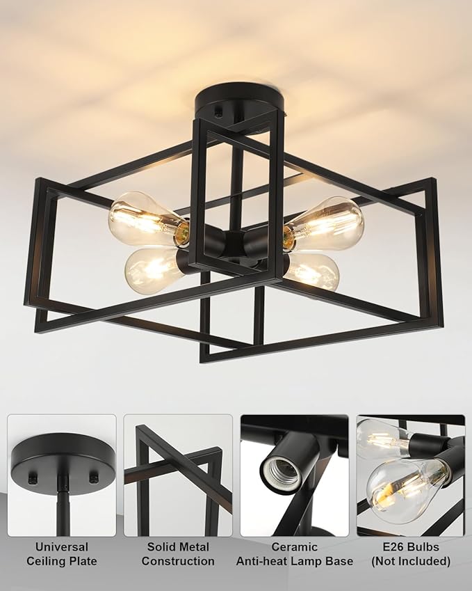WILON Black Ceiling Light Fixture, 4-Light Farmhouse Light Fixtures Ceiling Mount, Modern Square Semi Flush Chandelier Ceiling Lamp for Kitchen Dining Room Bedroom Laundry Room Living Room