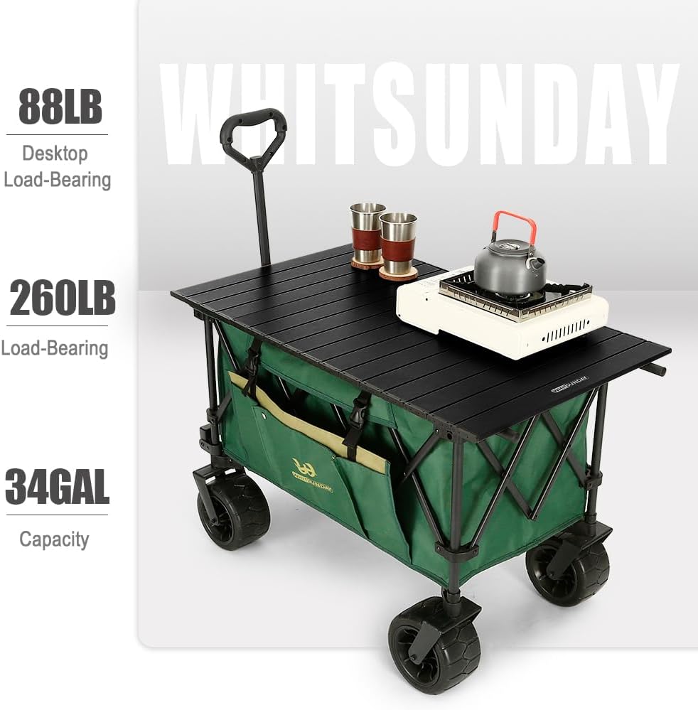 Whitsunday Collasible Wagon, Large Capacity 400Lbs, All-Terrain Wheels Heavy Duty Utility Wagon for Gardening Shopping Fishing Camping Outdoor Picnic Green