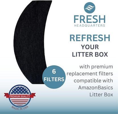 6-Pack Activated Carbon Cat Litter Box Filter Replacement - Premium 3.15" x 6.69" Activated Charcoal Filter - Compatible with AmazonBasics Hooded Covered Cat Litter Box, Made in USA