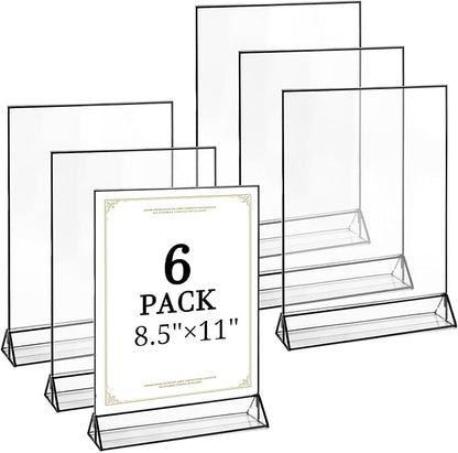 Floroom 6 Pack 8.5x11 Inch Clear Acrylic Sign Holders, Double-Sided Black Display Stand Picture Frames for Table Numbers, Menus, Flyers, Weddings, and Offices