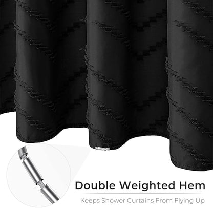 Extra Long Black Boho Shower Curtain 96 Inch Black Tufted Chevron Striped Fabric Shower Curtains for Bathroom Modern Shabby Chic Waterproof Cloth Shower Curtain Set with Hooks