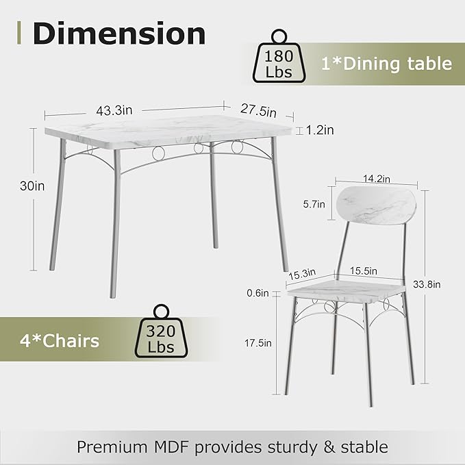 VECELO Dining Table Set for 4, 5-Piece Kitchen Table with 4 Chairs, MDF Board Tabletop with Metal Frame for Small Space, Compact Dinette, Breakfast Nook, White