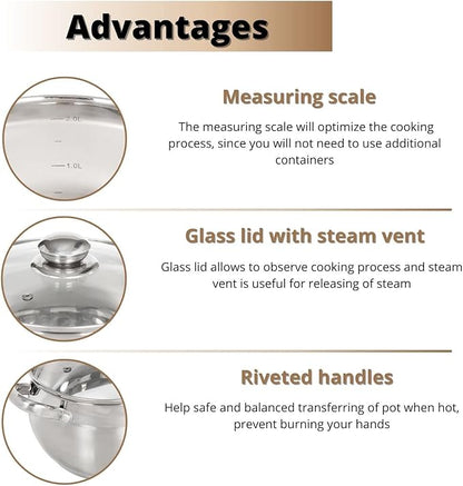Daniks Classic Stainless Steel Stock Pot with Glass Lid – Induction 2 Quart, Dishwasher Safe, Measuring Scale, For Soup, Pasta, Stew, Silver