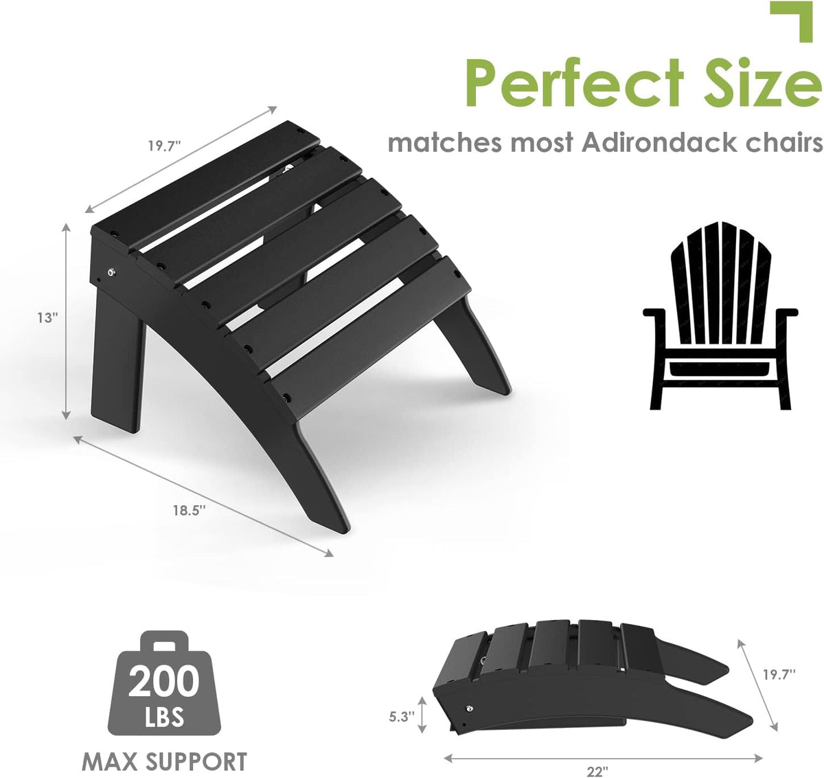 GREENVINES Adirondack-Ottoman | Set of 2 | HDPE Plastic | Outdoor Footrest | All Weather | Foot Rest | Foot Stool | Black | for Adirondack Chair | for Patio Backyard Pool