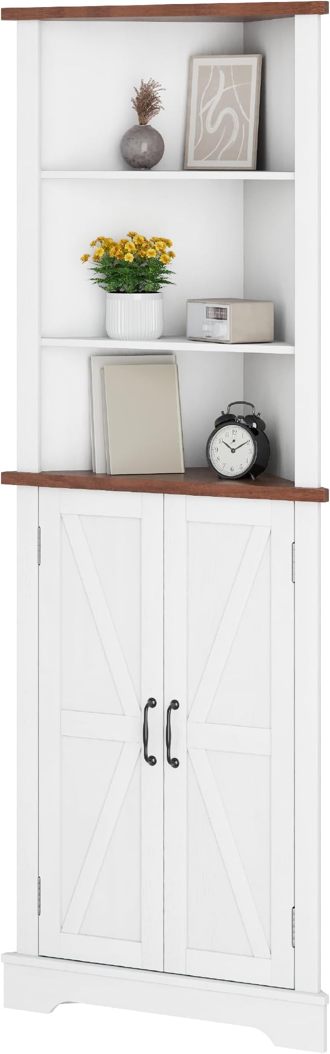 Smuxee Tall Corner Storage Cabinet, Farmhouse Corner Cabinet with Barn Door and Adjustable Shelf, White Freestanding Cabinet Organizer for Bathroom, Kitchen, Living Room