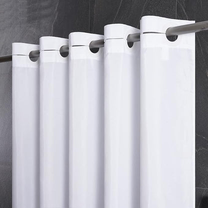 Extra Wide No Hook Shower Curtain,96 Inch Width White Fabric Shower Curtains with 12 Plastic Built-in Hooks,Waterproof & Machine Washable Hotel Style for Bathroom,96x72 Inch