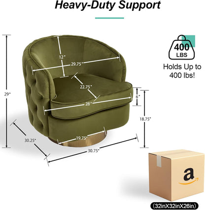Hyfirm Modern Accent Chair, Swivel Barrel Armchair for Living Room, Button Tufted Velvet Comfy Chairs, Round Upholstered Single Sofa Seating with Gold Base, Green