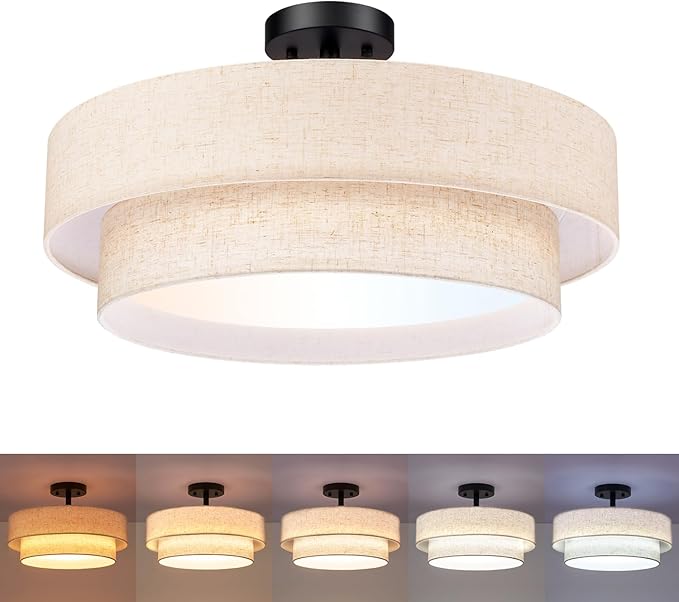 Hamilyeah 20 Inch Semi Flush Mount Round Ceiling Light Fixture, 48W LED With Fabric Shade, Dimmable Drum Double Layer 5CCT for Living Room, Office