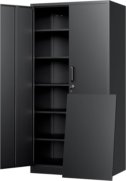 Yizosh Metal Storage Cabinet with Lock - 72" Garage Storage Cabinet with 2 Locking Doors and 5 Adjustable Shelves, Black Steel Lockable for Office,Home,Garage