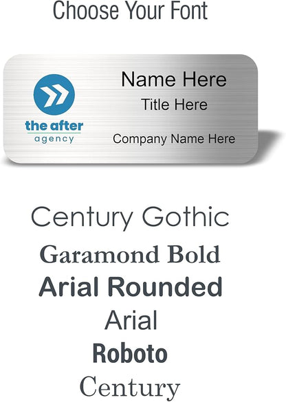 Custom Name Tag with Logo - Personalized Name Badge with Magnet Backing - Choose Your Size and Color (Silver Metal 3"x1.25" - Logo on Left)