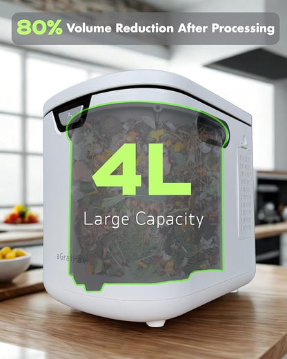 Electric Composter for Kitchen, Compost Bin - 4L Large Capacity, 3 Processing Modes, 3 Capacity Options, 2 Carbon Filters, Auto-Cleaning Auto-Drying (White)
