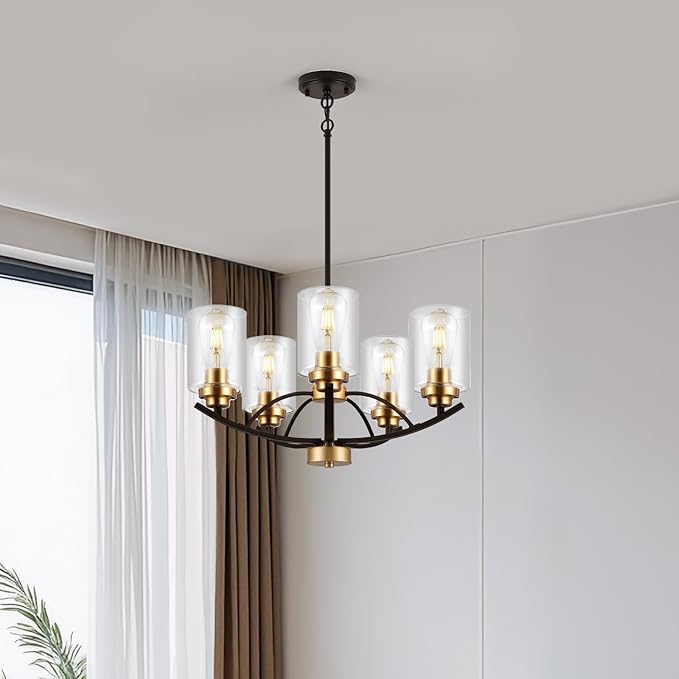 9MMML 5 Lights Glass Chandelier,Wrought Iron Pendant Light Fixtures, Gold+Black Finish Kitchen Island Lighting for Dining&Living Room Foyer Bar
