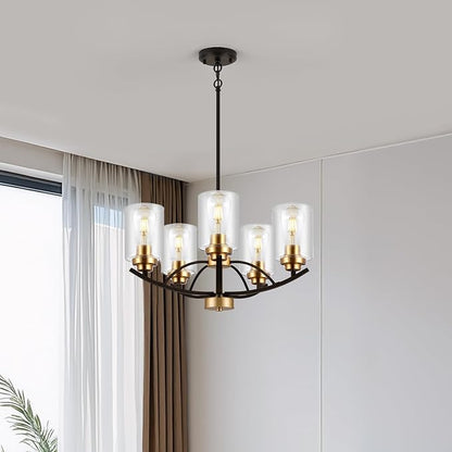 9MMML 5 Lights Glass Chandelier,Wrought Iron Pendant Light Fixtures, Gold+Black Finish Kitchen Island Lighting for Dining&Living Room Foyer Bar