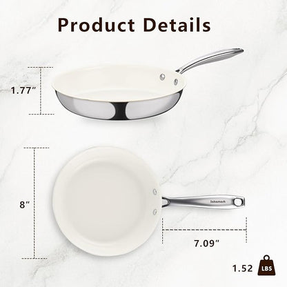 8" Tri-Ply Stainless Steel Frying Pan, Nonstick Ceramic Pan, Skillet with Stay-Cool Handle, Non Toxic, PFAS PFOA PTFE Free, Dishwasher & Oven Safe, Induction, Compatible with All Cooktops