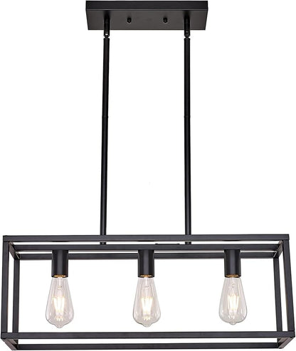 Farmhouse Rectangle Chandeliers for Dining Rooms, Modern Linear Hanging Light Fixture Matte Black 3-Light Industrial Pendant Lighting for Kitchen Island