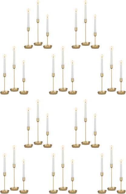 NUPTIO Taper Candle Holders for Centerpiece: Gold Candlestick Holders Bulk | 30 Pcs Tall Candleholders for Birthday Party, Brass Matte Candles Stick Decor Bulk Wax-catching Base for Table Fireplace