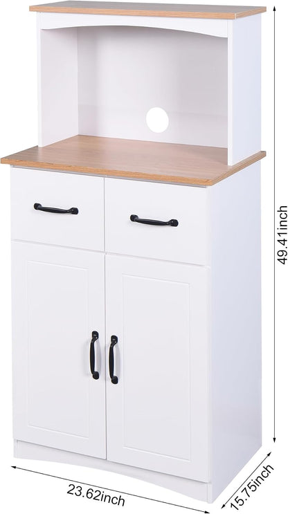 Modern White Wooden Kitchen Pantry Cabinet with Microwave Stand, Storage Drawer & Adjustable Shelf – Space-Saving Organizer for Small Kitchens