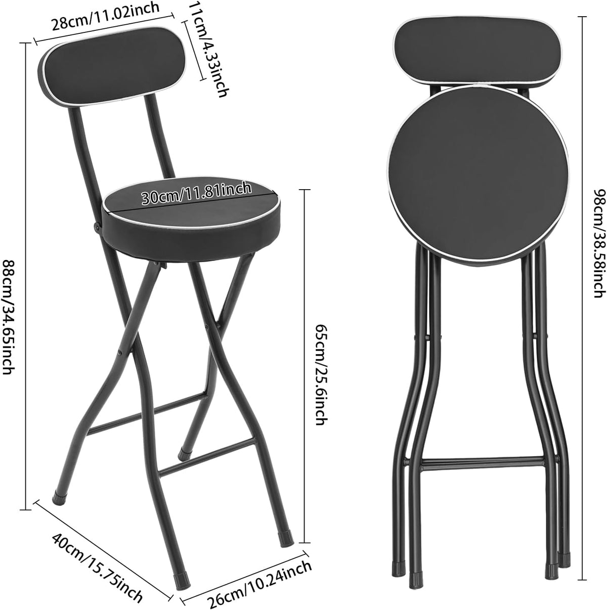 Folding Bar Stool with Back, 2Pcs Cushioned Padded Folding Stool, 275.58Lbs Weight Capacity, Portable Stools Chairs for Camping Hiking Picnics Barbecues Traveling Fishing Hiking Gardening Travel Etc