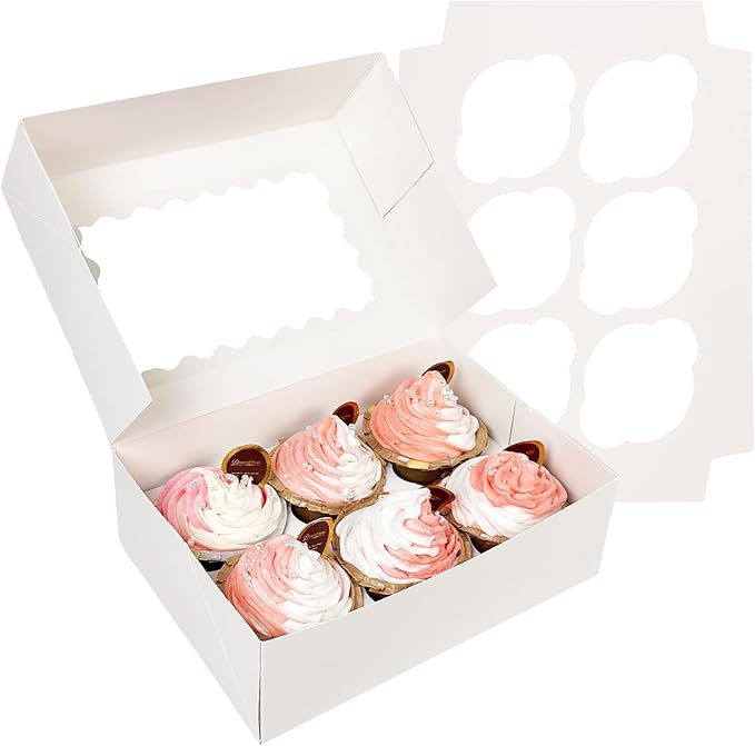 Bakepacker Auto-pop up 6 Cupcake Boxes with Window 20 Count White Box 9.4 x 6.1 x 3 inch Cupcake Carrier