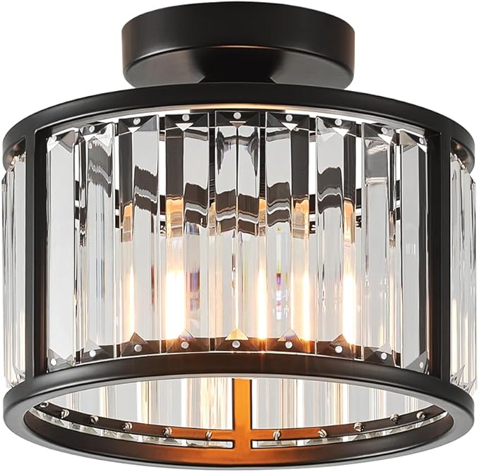 Black Flush Mount Ceiling Light, 2- Light Caged Crystal Chandelier, Small Drum Hallway Light fixtures Ceiling Mount (8.6 INCH Black)