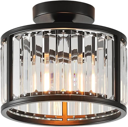 Black Flush Mount Ceiling Light, 2- Light Caged Crystal Chandelier, Small Drum Hallway Light fixtures Ceiling Mount (8.6 INCH Black)
