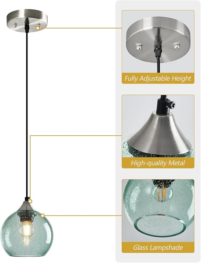Light Green Glass Pendant Lights Kitchen Island Globe Pendant Light Fixtures Modern Pendant Lighting for Bedroom Living Dining Room Light Fixture (5.9 in, 3 Pack)