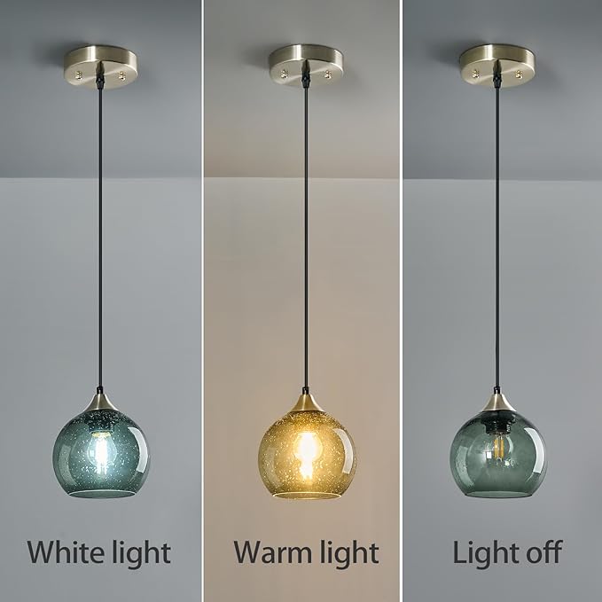 Gray Green Glass Pendant Lights Kitchen Island Lighting Globe Pendant Light Fixtures Modern Pendant Lighting for Kitchen Island Bedroom Living Dining Room Light Fixture(5.9in, 2-Pack)