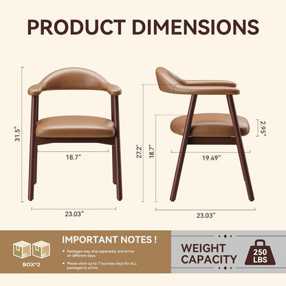 MALOL Leather Dining Chair with Armrest Set of 4, Upholstered Dining Room Chair with Curved Back and Wood Legs, Mid Century Modern Kitchen Chairs for Kitchen Dining Room,Brown