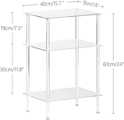 Tempered Glass Side Table, Acrylic End Table, 3-Tier Transparent Nightstand, Clear Coffee Table, for Small Spaces Living Room Bedroom Balcony Transparent LET519TR