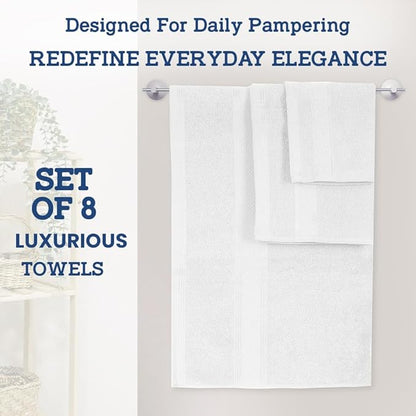Casa Lino Bath Towel Set of 8 (2 Bath Towels, 4 Wash Cloths & 2 Hand Towels for Bathroom) - 100% Cotton - Highly Absorbent & Quick Dry - Guest Room Essentials for Bathroom Set - (White)
