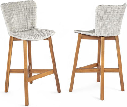 Saiveina Lymington Outdoor Bar Stool, Teak Finished Wood with Light Grey Wicker, Set of 2