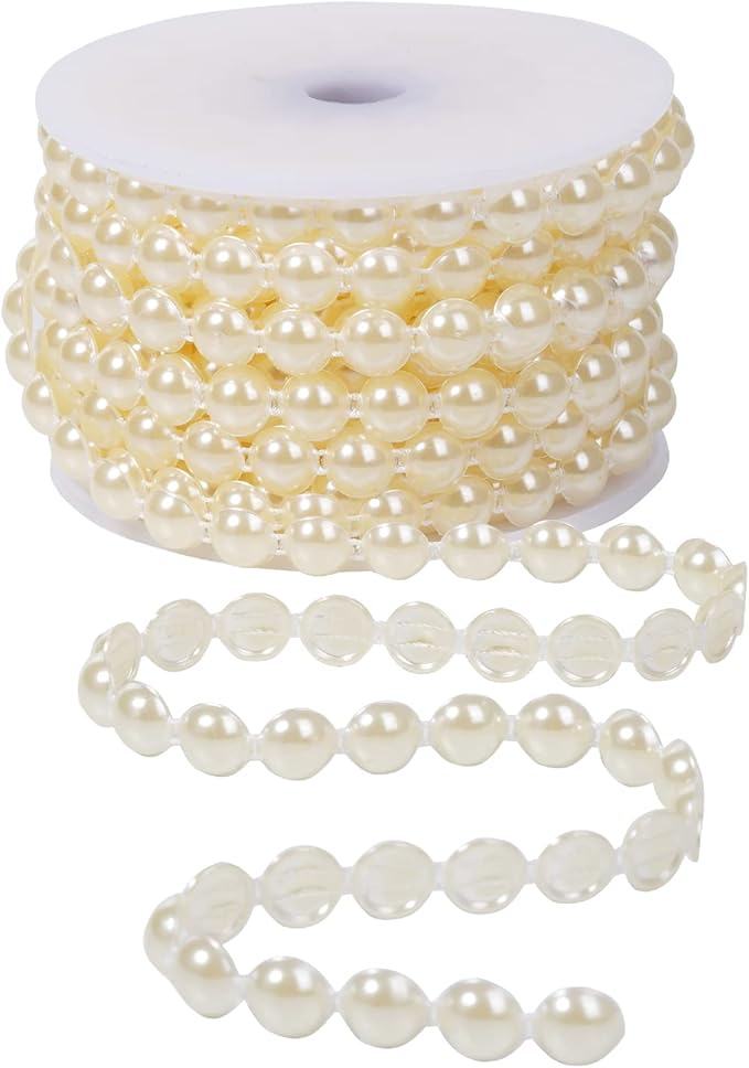 10mm Pearl Garland Half-Round 11 Yards Flat Craft Pearls Bead String Roll Strand for Wedding Party Christmas Tree Decoration (Ivory)