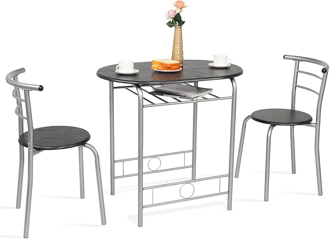 VINGLI 3 Piece Dining Set,Small Kitchen Table Set for 2,Breakfast Table Set,Kitchen Wooden Table and 2 Chairs for Small Space/Dining Room/Apartment,Metal Frame,Wine Rack,Sliver&Black