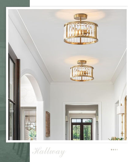Brass Gold Flush Mount Ceiling Light, 2- Light Caged Crystal Chandelier, Small Drum Hallway Light fixtures Ceiling Mount (Brass Gold)