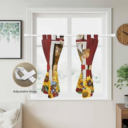 Cows Sunflowers Kitchen Curtains 45 Inch Length, Short Cafe Window Curtains Tab Top, Spring Floral Bees Farmhouse Barn Light Filtering Window Treatments Tier Drapes 27.5"x45" 2 Panel