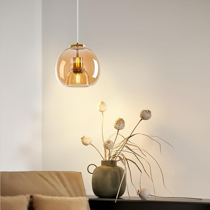 Amber Glass Pendant Lights Kitchen Island Gold Hanging Light Fixture Glass Globe Pendant Light Modern Pendant Lighting for Kitchen Island Bedroom Dining Room (7.87", 2 Pack)