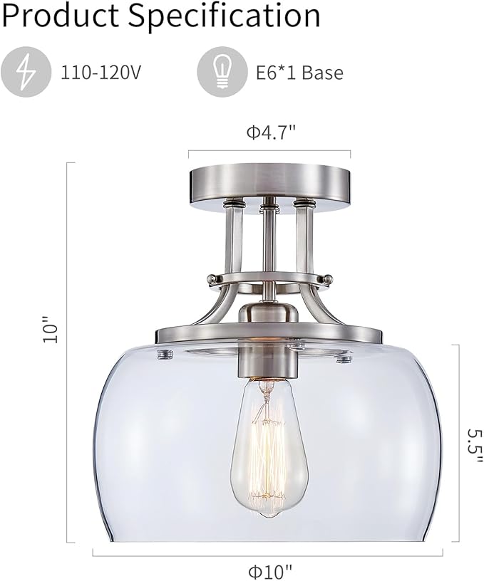 WUZUPS Chandelier Rustic Farmhouse Industrial Round Semi-flushmount Ceiling LED Light Fixture with Clear Glass Shades for Bathroom Kitchen Foyer Entryway, H 10" x W 10", E26 Base, Brushed Nickel