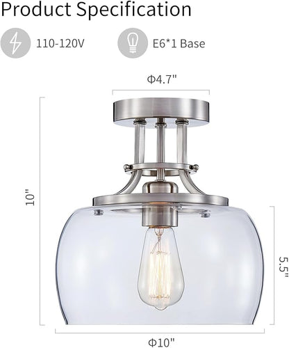 WUZUPS Chandelier Rustic Farmhouse Industrial Round Semi-flushmount Ceiling LED Light Fixture with Clear Glass Shades for Bathroom Kitchen Foyer Entryway, H 10" x W 10", E26 Base, Brushed Nickel
