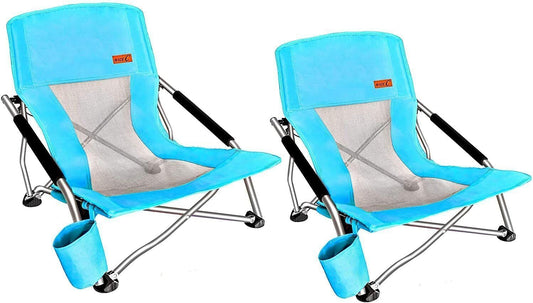 Nice C Low Beach Camping Folding Chair, River Sand Lake Chair (2 Pack Blue) | Compact Backpacking Chair, Sillas De Playa, Cup Holder, Carry Bag, Heavy Duty, Outdoor, BBQ, Travel, Picnic, Festival